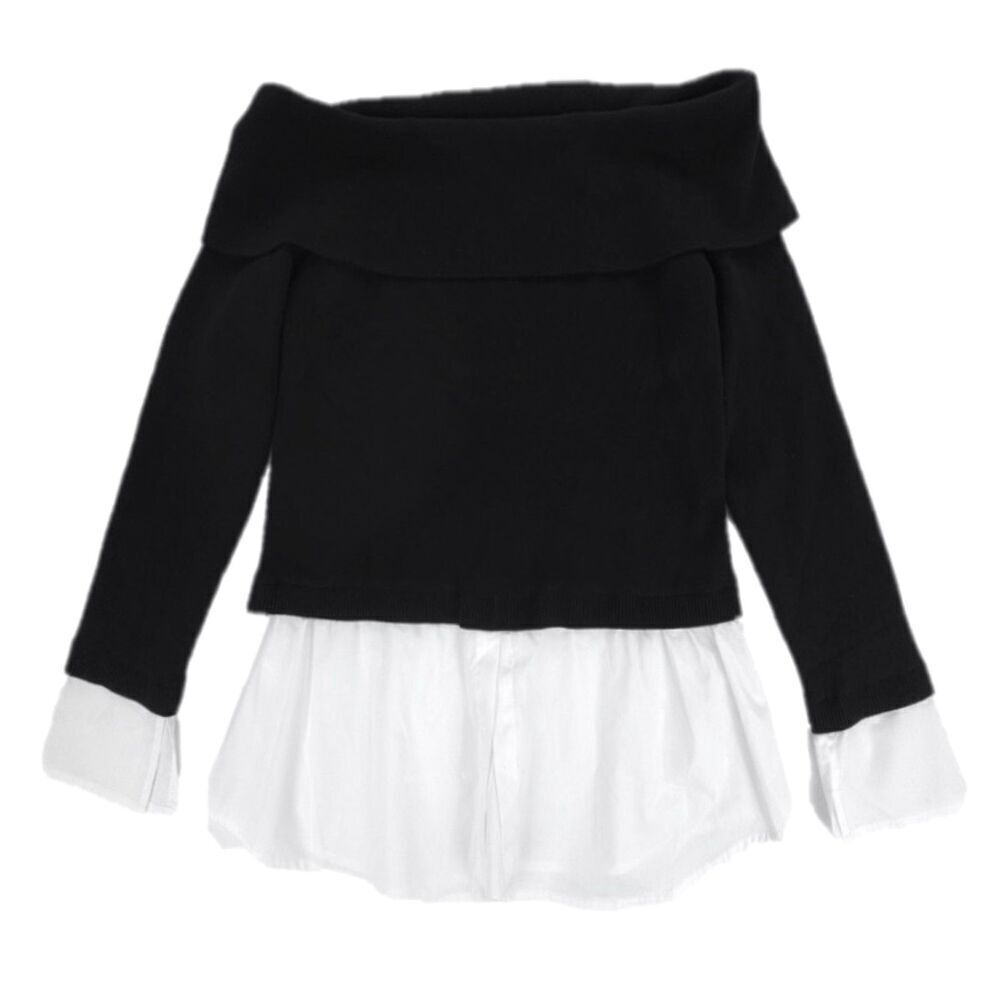 NWT Bebe Poplin Combo Fold Over Off Shoulder Sweater Top Black White French Girl